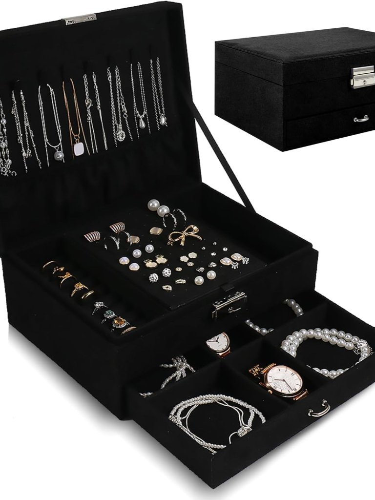 Elegant Black Vintage Jewelry Box With Lock  Dual Layers
